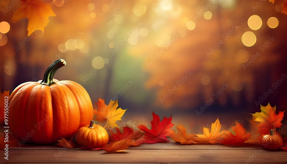 Wooden Tabletop with Pumpkin and Autumn Accents. Large Pumpkin Surrounded by Autumn Leaves and Small Gourds, Creating a Festive Fall Scene. Graphic art illustration Wooden Tabletop with Pumpkin and Autumn Accents. Large Pumpkin Surrounded by Autumn Leaves and Small Gourds, Creating a Festive Fall Scene. Graphic art illustration