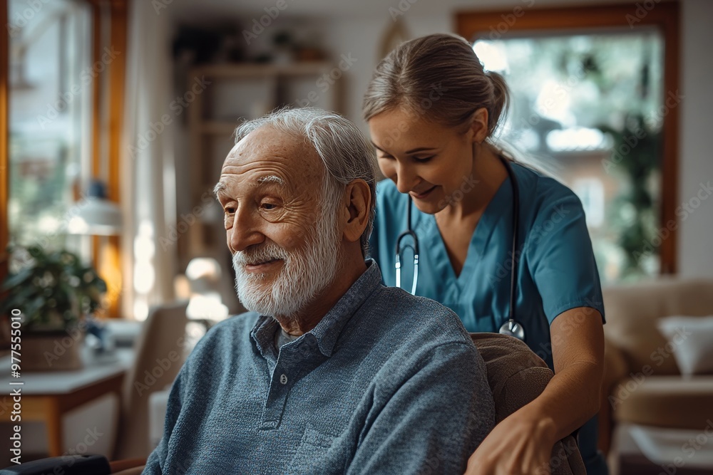 Caring interactions in a serene setting, showcasing a warm moment between a healthcare worker and an elderly patient Caring interactions in a serene setting, showcasing a warm moment between a healthcare worker and an elderly patient