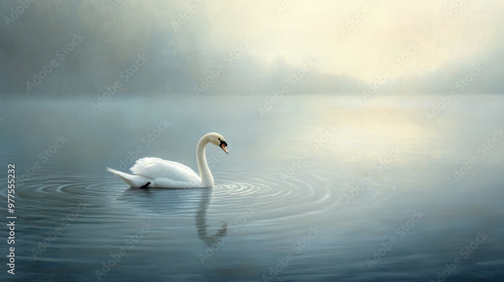 Fototapeta premium A swan gracefully gliding across a calm lake, with soft ripples around it, creating a serene and elegant scene.