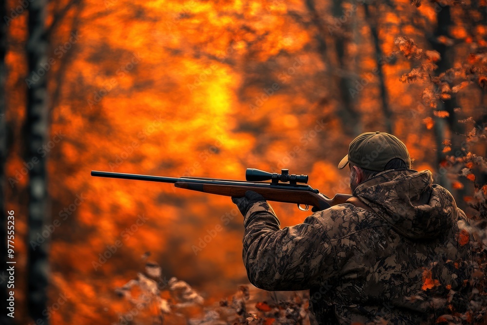 Fototapeta premium Fall Hunting. Hunter in Camouflage with Shotgun in Autumn Nature