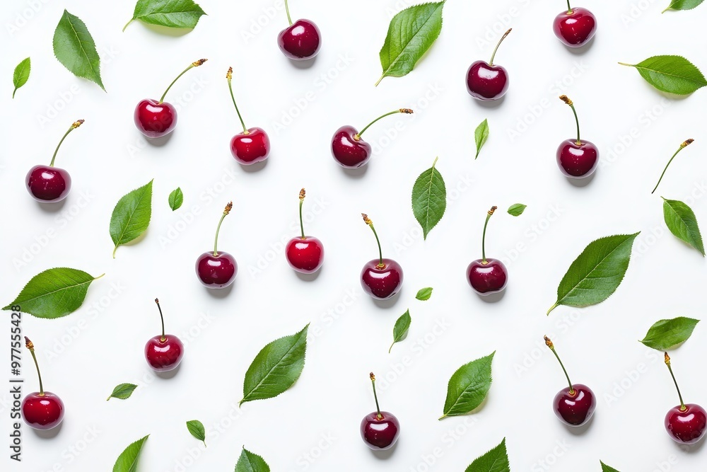 Raw red cherry with slice, green leaves and water drops in the air isolated on white background, a popular dessert fruit during the holiday season. Raw red cherry with slice, green leaves and water drops in the air isolated on white background, a popular dessert fruit during the holiday season.