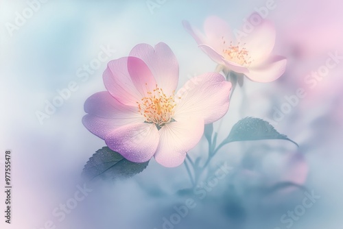 Delicate pink blossoms emerge softly through a dreamy mist in a tranquil spring garden