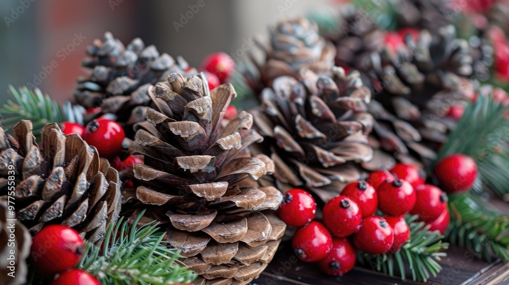 A close-up of festive pinecones and holly berries arranged on a table A close-up of festive pinecones and holly berries arranged on a table