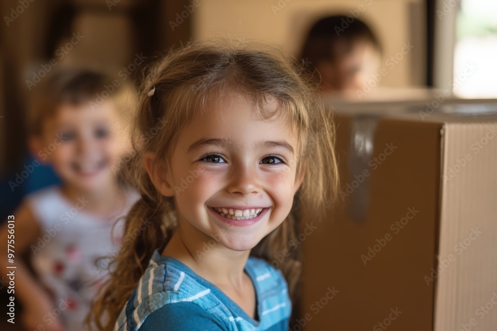 Family Moving Home. New House, Moving Day with Smiling Children Family Moving Home. New House, Moving Day with Smiling Children