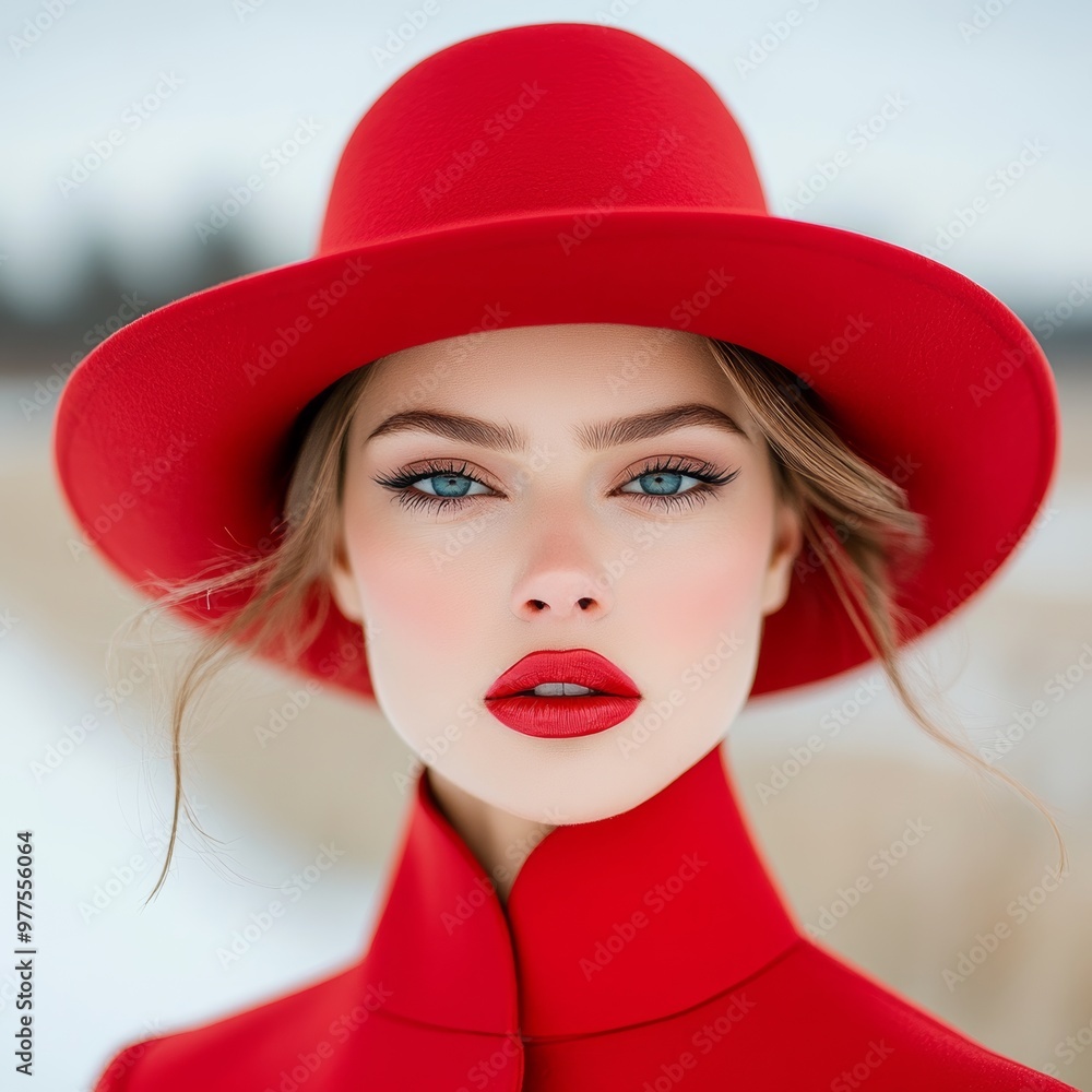 Red Hat Winter Gaze: A captivating woman with piercing blue eyes commands attention in a stylish red hat and coat against a snowy backdrop, her bold red lipstick adding a touch of allure. Red Hat Winter Gaze: A captivating woman with piercing blue eyes commands attention in a stylish red hat and coat against a snowy backdrop, her bold red lipstick adding a touch of allure.