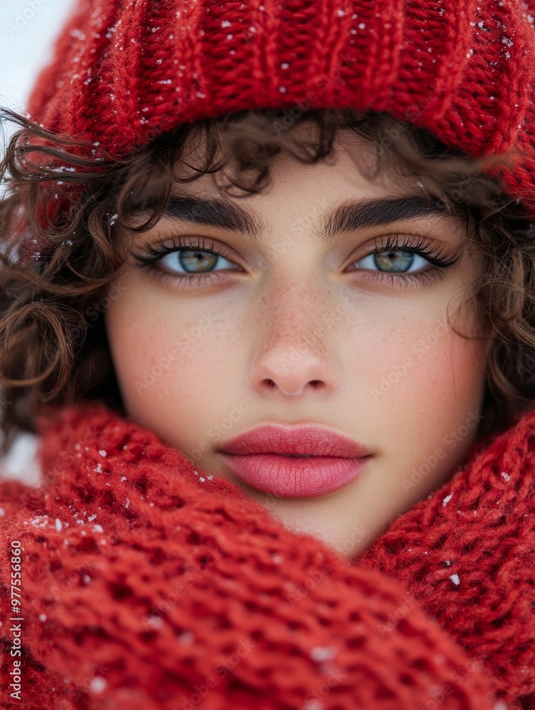 Winter Wonderland Gaze: A captivating portrait of a young woman with mesmerizing blue eyes, her face framed by a cozy red knitted scarf and beanie, the soft snowfall adding a touch of magic Winter Wonderland Gaze: A captivating portrait of a young woman with mesmerizing blue eyes, her face framed by a cozy red knitted scarf and beanie, the soft snowfall adding a touch of magic