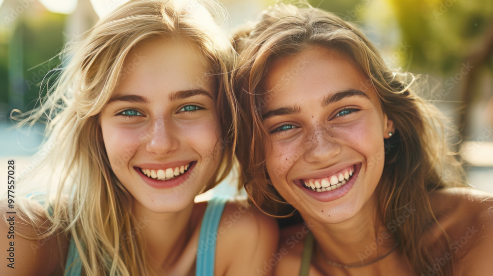 Fototapeta premium Two stunningly beautiful portrait models in short shorts and tank tops, one blonde with blue eyes.