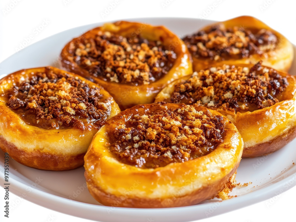 Sweet pastries with caramelised topping on a plate. Sweet pastries with caramelised topping on a plate.