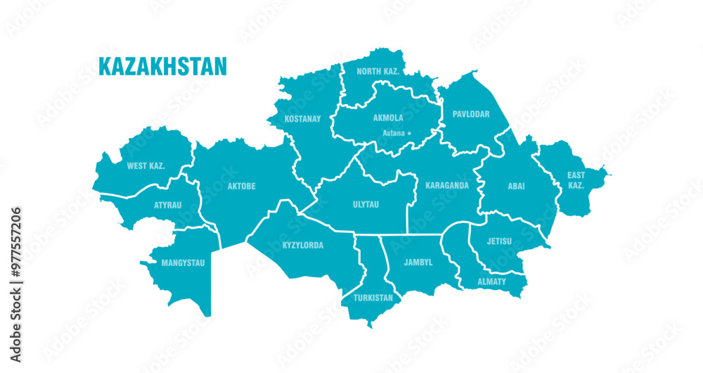 Obraz premium The current map of Kazakhstan. The names of the country, capital, 17 administrative regions in English. Simplified vector illustration of the political map of the Republic of Kazakhstan