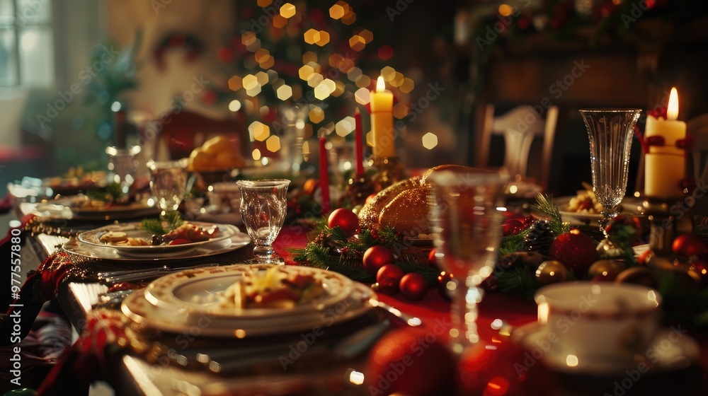 A festive table setting with a holiday feast and sparkling decorations A festive table setting with a holiday feast and sparkling decorations