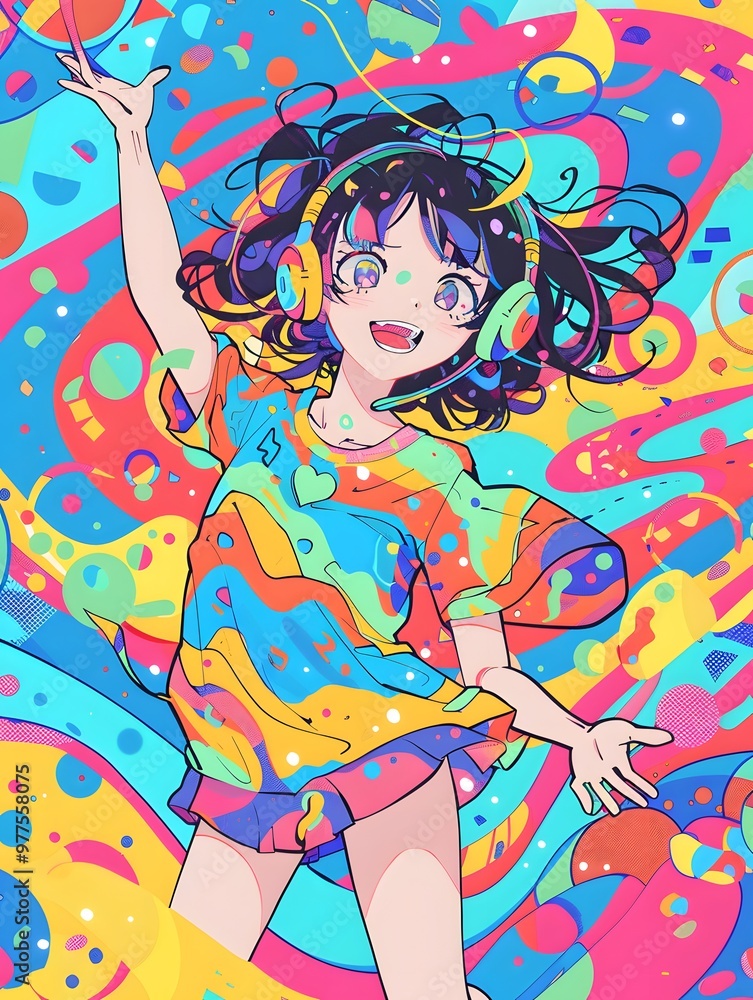 Illustration of a person dancing energetically with headphones on, set against a colorful abstract background. The dynamic pose and flowing hair convey movement and joy Illustration of a person dancing energetically with headphones on, set against a colorful abstract background. The dynamic pose and flowing hair convey movement and joy