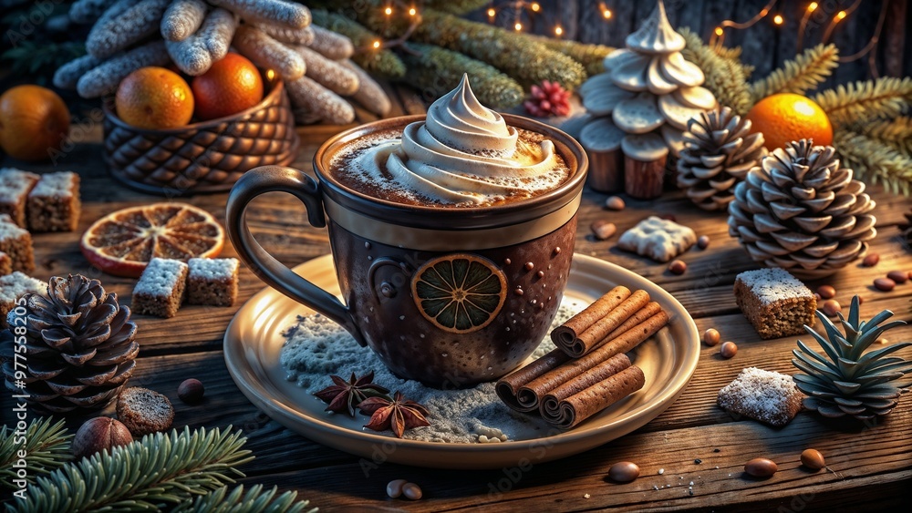 Cozy Hot Cocoa with Whipped Cream in a Festive Christmas Setting Cozy Hot Cocoa with Whipped Cream in a Festive Christmas Setting
