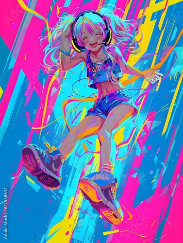 Illustration of a person dancing energetically with headphones on, set against a colorful abstract background. The dynamic pose and flowing hair convey movement and joy.