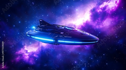 A futuristic spaceship soars through the nebula, leaving a trail of stardust in space.