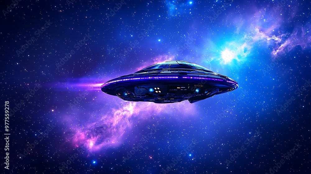 A spaceship flies through the swirling colors of a nebula, surrounded by stars. A spaceship flies through the swirling colors of a nebula, surrounded by stars.