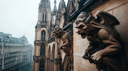 Gargoyle sculptures adorn the exterior of a Gothic-style building, overlooking a foggy cityscape with multi-story buildings and intricate architectural details. photo