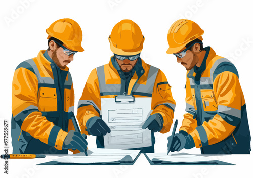 Construction Team Reviewing Checklists, Workers Collaborating on Safety and Project Tasks, Teamwork, Coordination, Professional Work Environment, Yellow Safety Gear, Vector Illustration