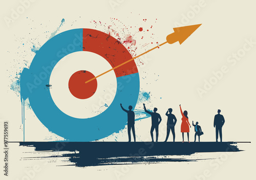 Target Achievement Concept Illustration: Business Growth, Teamwork, Success, and Collaborative Effort Depicted in Minimalistic Vector Art