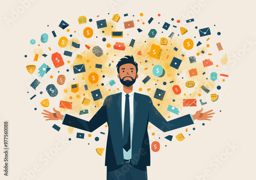 Businessman Juggling Multiple Business Responsibilities and Tasks, Conceptual Illustration of Multitasking and Work-Life Balance, Business Icons, Vector Art, Abstract Background