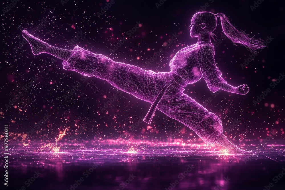 In a dynamic pose against a dark background, an abstract digital illustration shows a human figure made of glowing purple particles. In a dynamic pose against a dark background, an abstract digital illustration shows a human figure made of glowing purple particles.