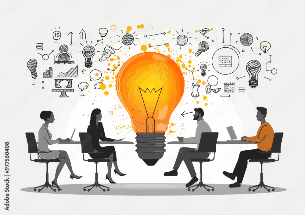 Team Brainstorming Session with Light Bulb Idea Symbol, Collaborative Project Discussion, Conceptual Problem Solving, Vector Illustration Team Brainstorming Session with Light Bulb Idea Symbol, Collaborative Project Discussion, Conceptual Problem Solving, Vector Illustration