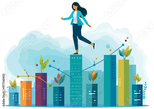 Female Manager Balancing on Growing Business Graph Illustrating Risky Investment, Concept of Stability and Growth in Business, Minimalistic Vector Illustration in Daytime