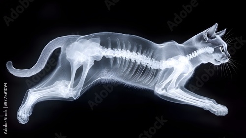 X-ray of a Cat in Mid-Leap: A detailed X-ray image of a cat mid-leap, showing the skeletal structure in motion against a dark background. 