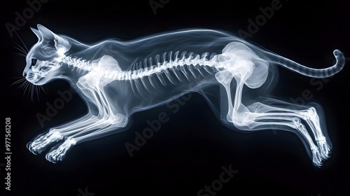 Wallpaper Mural X-ray of a Cat in Mid-Leap: A detailed X-ray image of a cat mid-leap, showing the skeletal structure in motion against a dark background.
 Torontodigital.ca