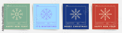 Set of retro square Christmas and New Year posters featuring snowflake designs and bold typography. Perfect for wintertime celebrations and festive branding.

