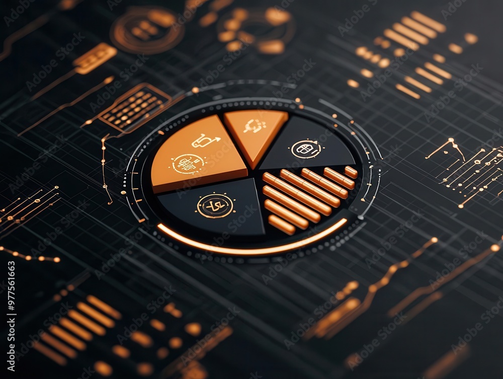 Obraz premium A digital pie chart showing business budget allocation, surrounded by operational flow arrows and financial growth symbols