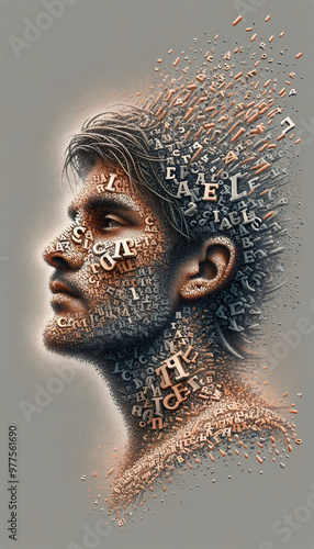 Ilustração criativa de um rosto masculino composto por letras e caracteres tipográficos. As letras parecem explodir da cabeça da figura, criando um efeito dinâmico e intrigante. Arte conceitual. photo