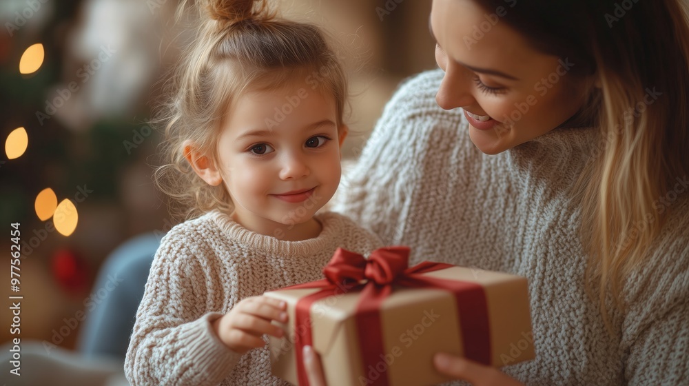 A joyful moment between a mother and her daughter as they share a special gift A joyful moment between a mother and her daughter as they share a special gift