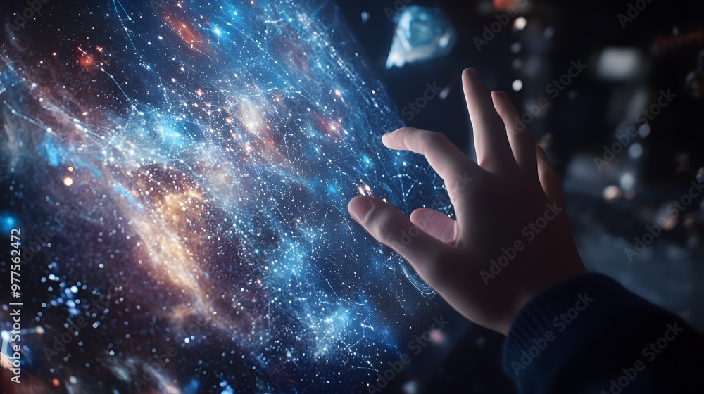 Futuristic Hand with Holographic Space Map: A hand interacting with a holographic map of the universe, with stars and constellations displayed.
Futuristic Hand with Holographic Space Map: A hand interacting with a holographic map of the universe, with stars and constellations displayed.