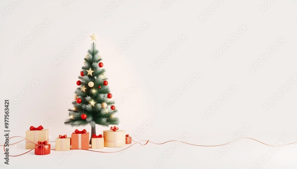 A decorated Christmas tree stands in front of a white wall with presents at its base and red ribbon. A decorated Christmas tree stands in front of a white wall with presents at its base and red ribbon.