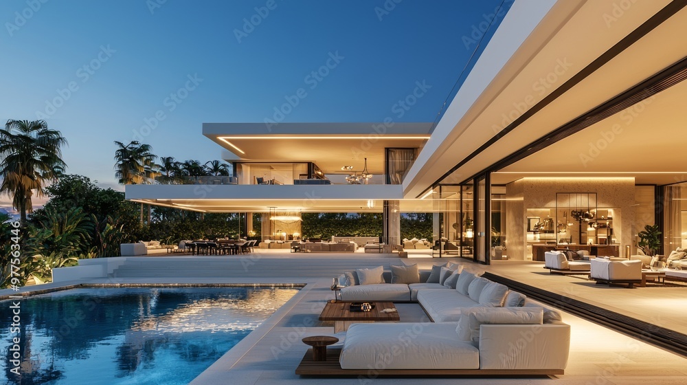 Fototapeta premium A luxurious modern house exterior with a natural seating area.
