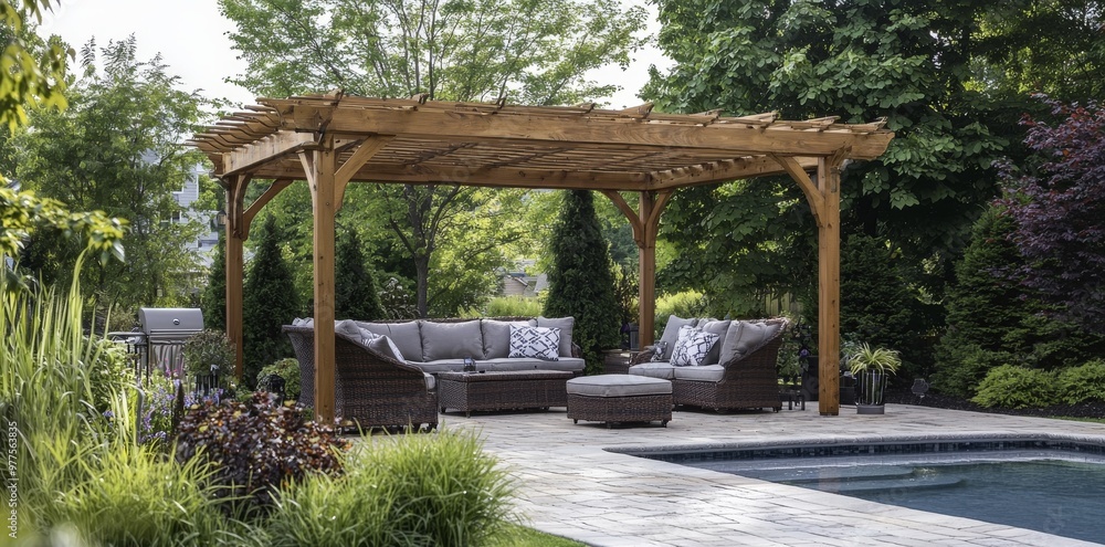 The backyard living space with outdoor furniture under a pergola is adjacent to the pool
