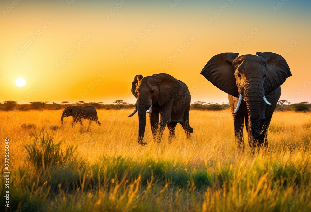 Fototapeta premium vibrant savanna landscape featuring diverse animal shapes under clear blue sky lush green grass golden sunlight, wildlife, animals, nature, grassland