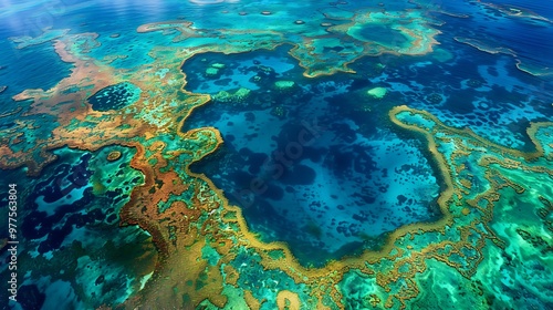 Taking a scenic flight over the Great Barrier Reef, Australia, reveals a stunning aerial view of the world’s largest coral reef system, teeming with marine life. The vibrant colors and intricate  photo