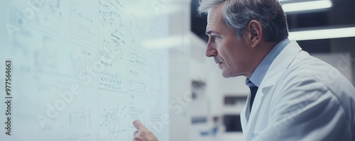 An experienced scientist analyzes complex data on a glass board, showcasing innovation and dedication in research.