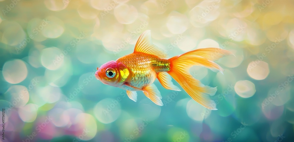 In a clear blue ocean, orange and white goldfish swim. In a clear blue ocean, orange and white goldfish swim.