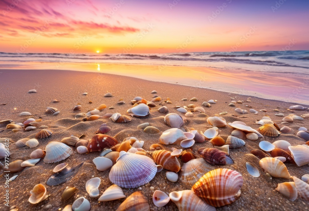 vibrant beach dawn featuring colorful seashells scattered across shoreline soft waves lapping sand, ocean, morning, coast, nature, landscape, water, horizon vibrant beach dawn featuring colorful seashells scattered across shoreline soft waves lapping sand, ocean, morning, coast, nature, landscape, water, horizon