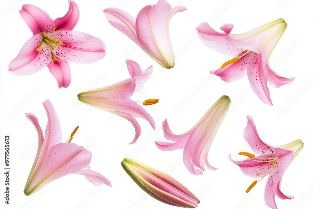 Fotografie Pink flowers with falling petals isolated on a spring background.