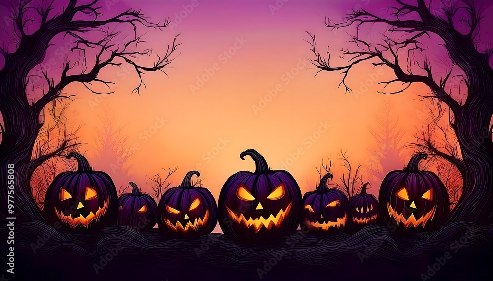 Haunted Forest with Pumpkins. Black Silhouette Pumpkins at the Bottom with Twisted Tree Branches and Vibrant Colors Creating a Spooky Scene. Copy Space Available. Graphic art illustration Haunted Forest with Pumpkins. Black Silhouette Pumpkins at the Bottom with Twisted Tree Branches and Vibrant Colors Creating a Spooky Scene. Copy Space Available. Graphic art illustration