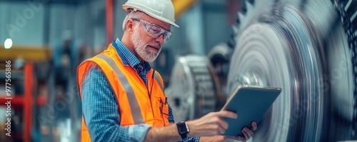 A factory worker examines machinery using a tablet in a safe and productive industrial environment, showcasing modern technology.