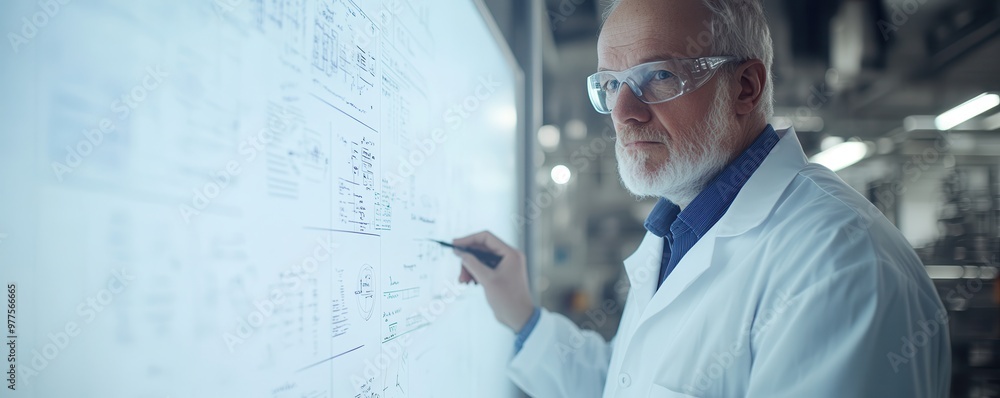 A scientist in a lab coat analyzes complex diagrams on a digital screen, highlighting innovative research and technology. A scientist in a lab coat analyzes complex diagrams on a digital screen, highlighting innovative research and technology.