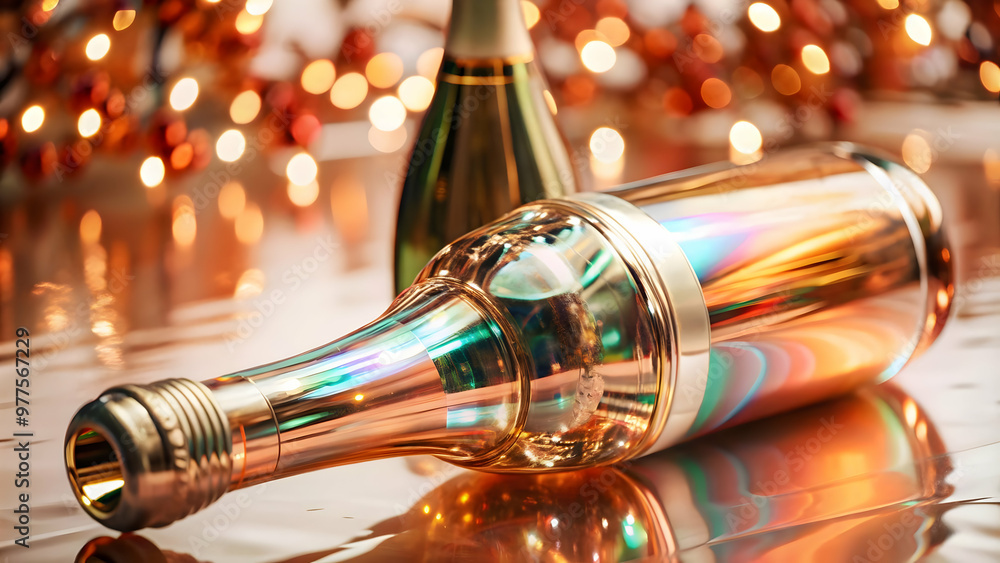 Obraz premium 3D Holographic Champagne Bottle Capsule Concept Close-Up | Futuristic Design with Mesmerizing Details on White Background | Seamless Icon