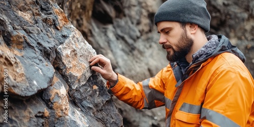 A man examines a rock wall, showcasing dedication to geology and nature exploration in rugged outdoor conditions. photo