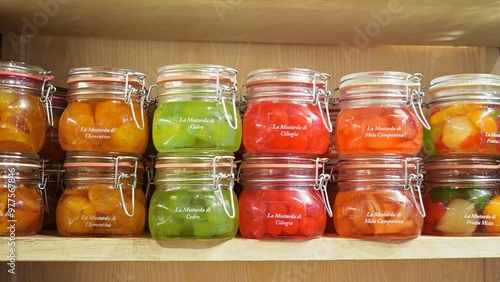 close up of jars of fruit mustard handcrafted by a bakery in Mantua, Italy photo