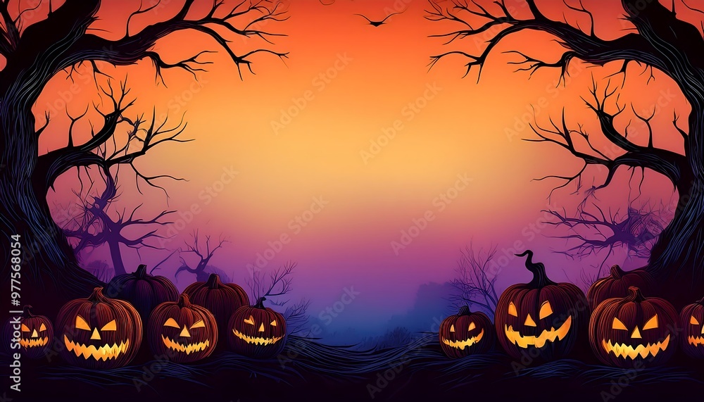 Pumpkins in a Haunted Forest Scene. Black Silhouette Pumpkins at the Bottom, Framed by Twisted Tree Branches and Vibrant Colors, with Copy Space at the Top. Graphic art illustration Pumpkins in a Haunted Forest Scene. Black Silhouette Pumpkins at the Bottom, Framed by Twisted Tree Branches and Vibrant Colors, with Copy Space at the Top. Graphic art illustration