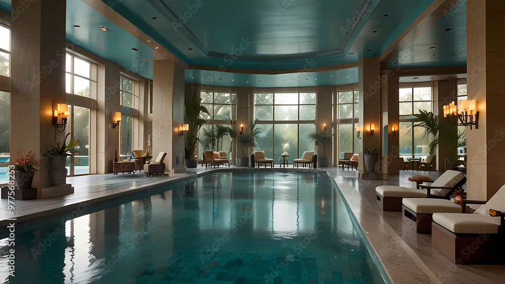 Elegant spa bathhouse with steam rising from a warm, turquoise pool